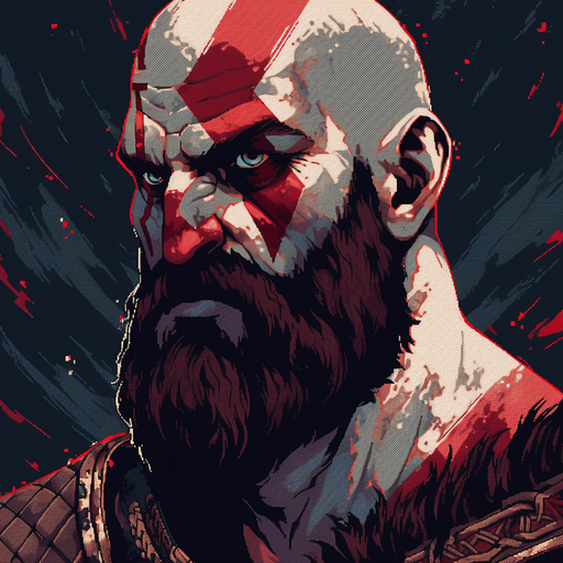 Kratos, the God of War, in pixel art style.
