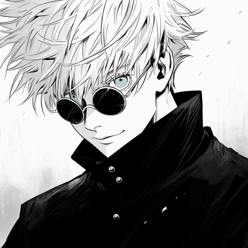Satoru Gojo from Jujutsu Kaisen manga, in clean black and white style, medium shot.