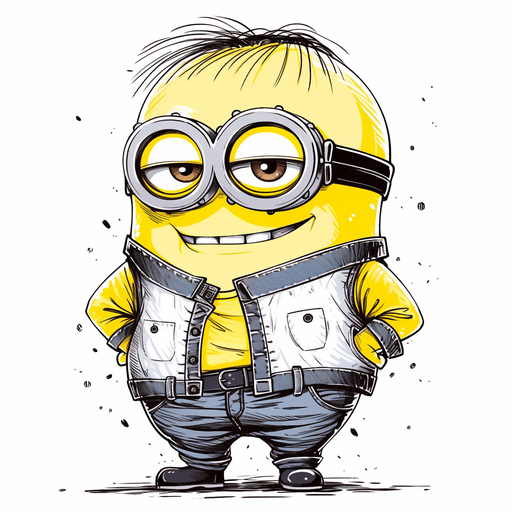 Smiling minion with black outline on white background.