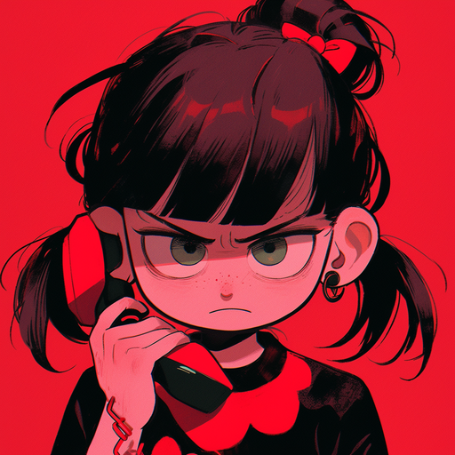 Powerpuff Girl with sombre expression, holding red phone.