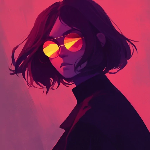 Stylish avatar illustration of a person with short hair and reflective sunglasses against a vibrant red background.