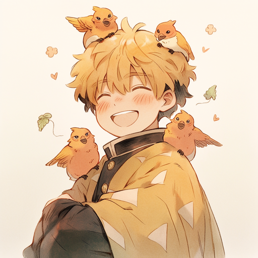 Zenitsu Agatsuma, a demon slayer with a sparrow on his shoulder, smiling happily.