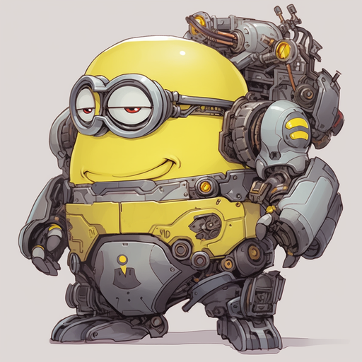 Mechanical minion with rainbow colors and a playful expression.