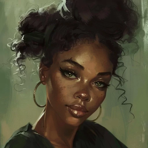 Digital art profile picture of a young black woman with curly hair styled in an updo, featuring striking green eyes and hoop earrings.