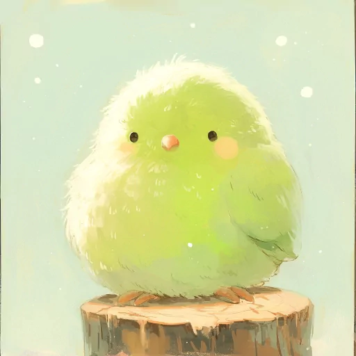 Cute green cartoon bird profile picture with a whimsical background.