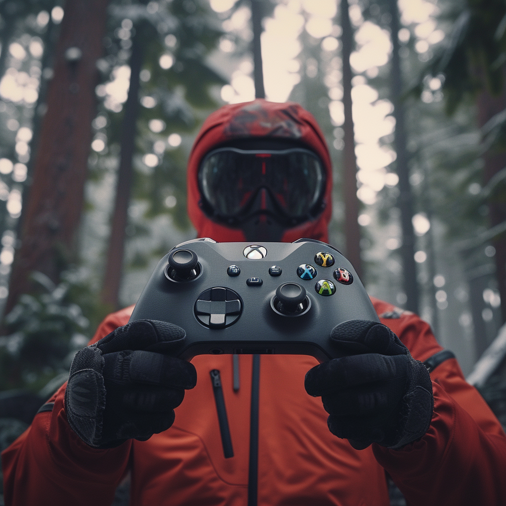 Avatar of a person in an orange jacket and helmet holding an Xbox controller in a snowy forest setting.