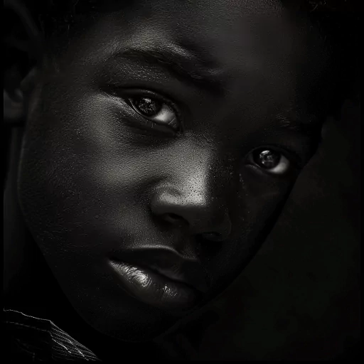 Close-up black and white profile photo of a young boy with a thoughtful expression for use as an avatar.