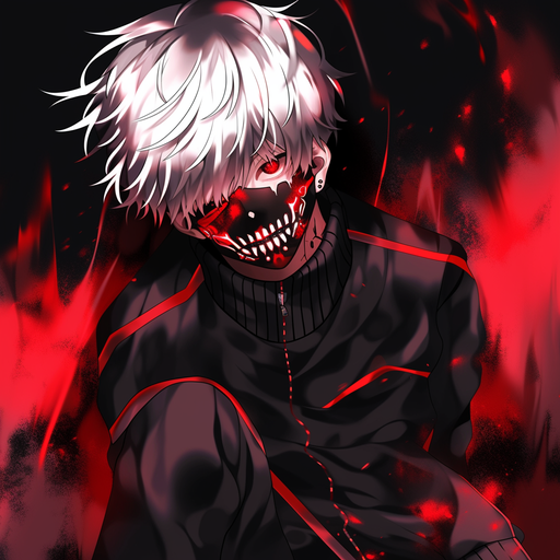Serious-looking red profile picture of Kaneki from Tokyo Ghoul.