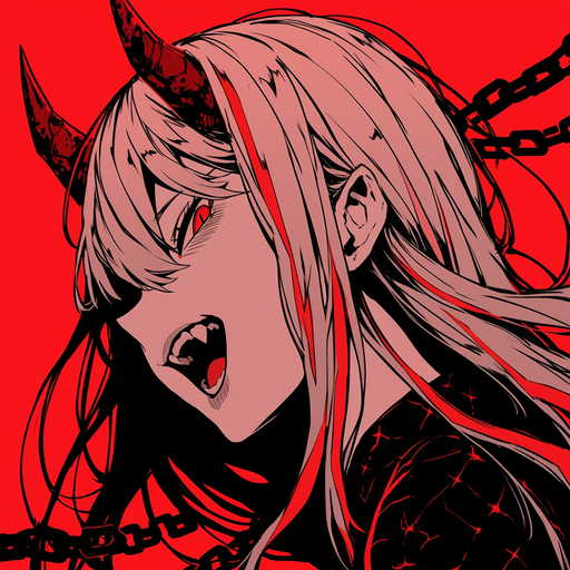 Monochrome power profile picture with a red theme, inspired by Chainsaw Man anime character Niji.