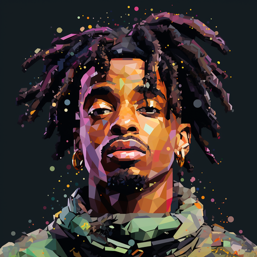 Pixel art portrait of Playboi Carti with a unique aesthetic.