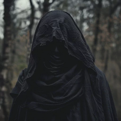 Mysterious dark-clad figure with a hood covering the face, set against a dim forest background, used as a moody and enigmatic avatar image.