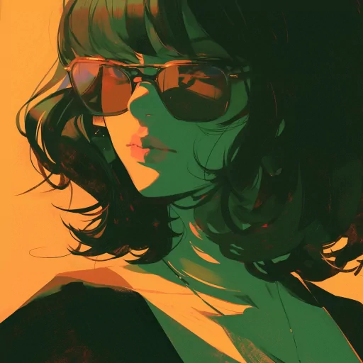 Stylish avatar of a person with short hair and sunglasses in a warm color palette.