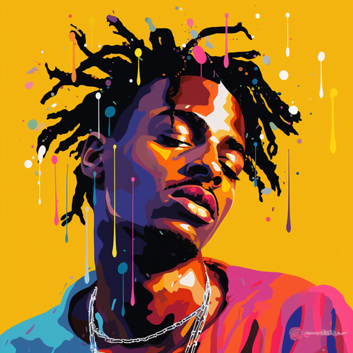 Colorful pop art depiction of Playboi Carti, with bold strokes and vibrant shades, representing the artist's unique style and energy.