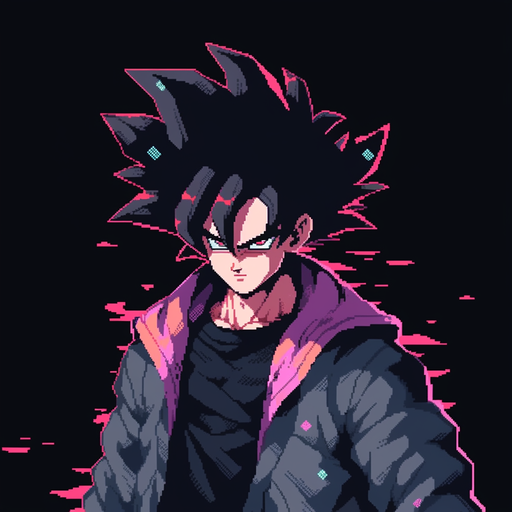 Pastel pixel art portrayal of Goku Black, a character from Dragon Ball, with a vibrant and colorful aesthetic.