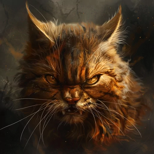 Angry cat avatar with intense eyes and furled whiskers for profile photo.