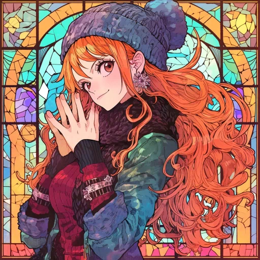 Stylized Nami avatar with vibrant orange hair wearing a beanie, set against a colorful stained glass background for a profile photo.