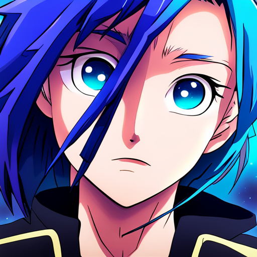 Vibrant blue anime character portrait.