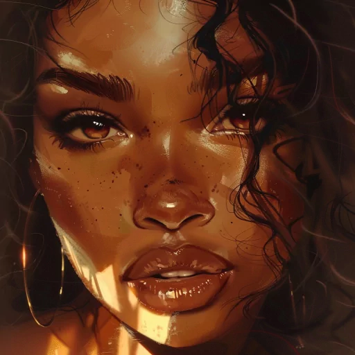 Digital illustration of an African American woman's avatar featuring glowing skin, curly hair, and hoop earrings for a profile picture.