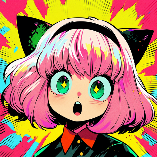 Colorful illustration of Anya, a character from Spy x Family anime, in the style of pop art.