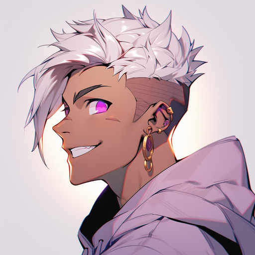 Smiling anime boy with colorful hair.