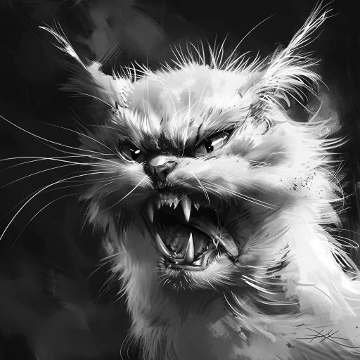 Angry cat avatar with fierce expression in monochrome for profile picture or PFP.