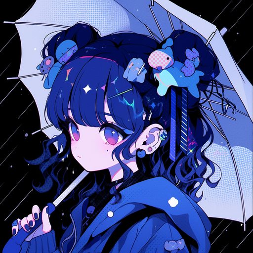 Blue anime character with captivating eyes and vibrant color scheme.