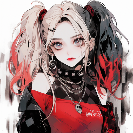 Harley Quinn-inspired goth girl with grunge aesthetics.