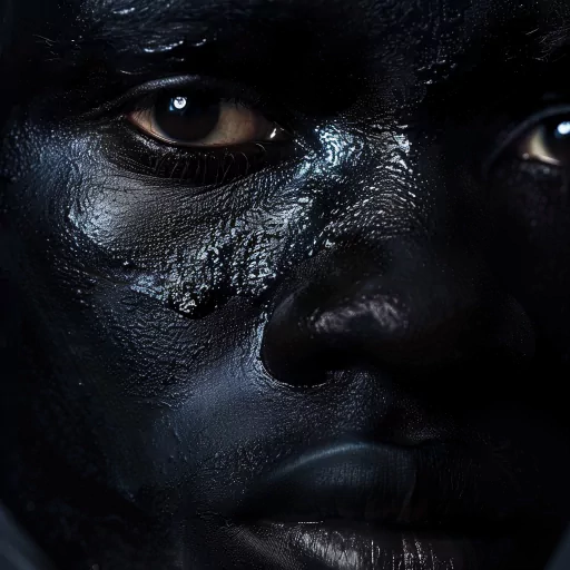 Close-up image of a dramatic black-themed avatar with textured details, highlighting intense eyes.