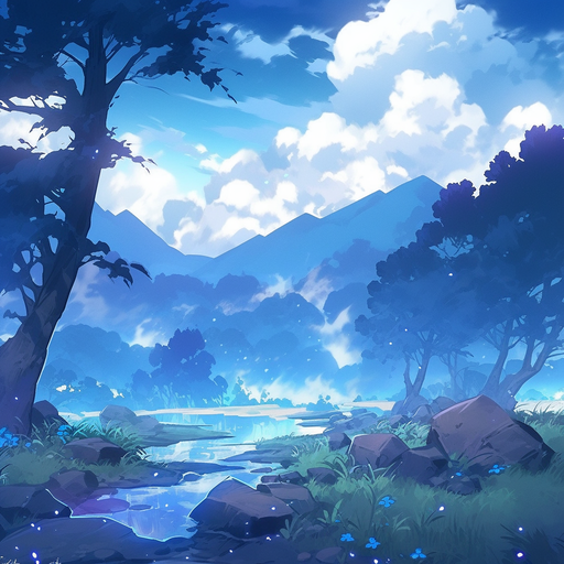 Blue anime landscape with vibrant colors and scenic background.