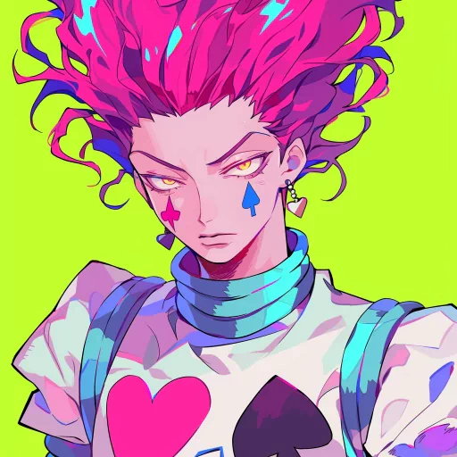 Illustration of an animated character with pink hair and clown makeup, featuring a heart and spade design, suitable for a Hisoka profile picture.