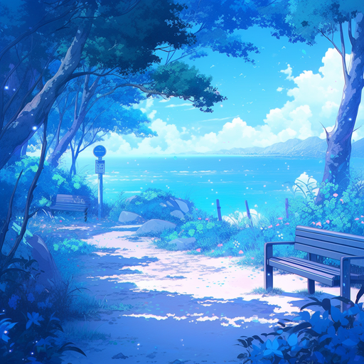 Blue anime landscape with vibrant colors and scenic view.