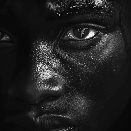 Intense monochrome close-up portrait for profile picture showing detailed facial features.