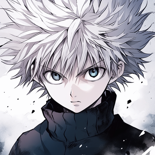 Black and white portrait of Killua Zoldyck from Hunter x Hunter, showcasing his epic hairstyle.