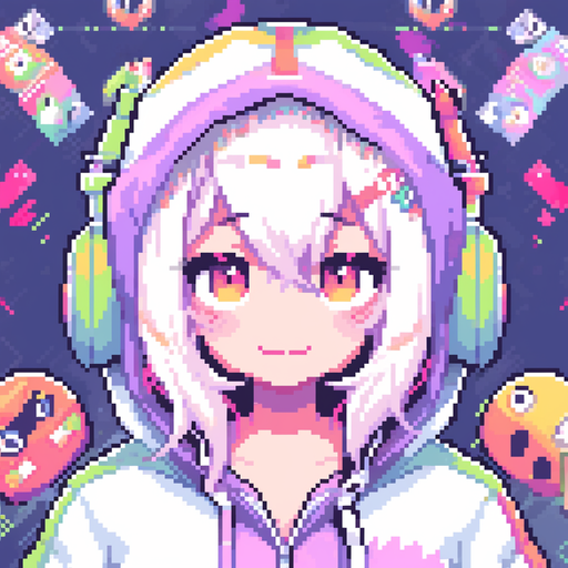 Pixel art style character with vibrant colors and a playful expression.