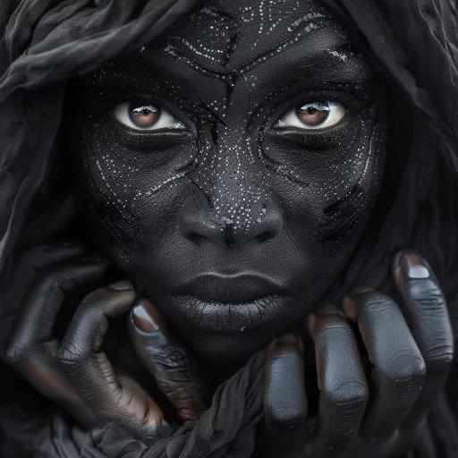 Close-up of a mysterious avatar with a dark artistic makeup and glitter details, wrapped in a textured headscarf.