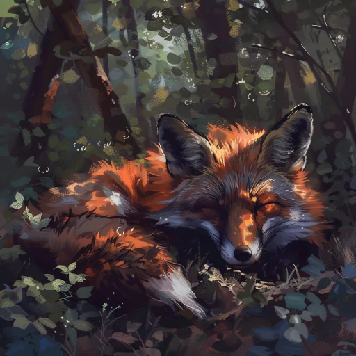 Illustrated avatar of a fox curled up and sleeping in a forest setting, surrounded by foliage and soft lighting.