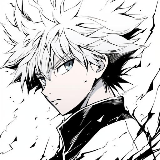 Black and white profile picture of Killua Zoldyck from Hunter x Hunter manga, displaying epic hair.