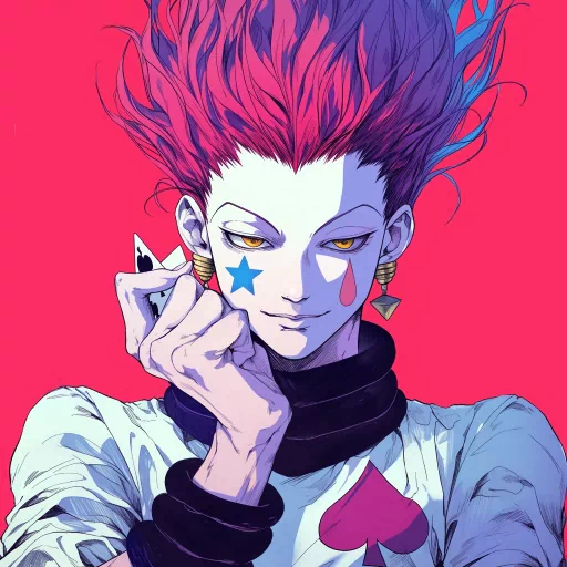 Illustrated profile picture of Hisoka with a red background, showcasing the character's red hair, unique face paint, and confident smirk.