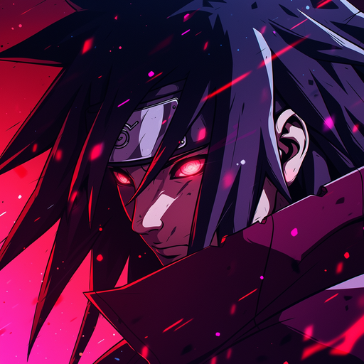 Madara Uchiha, a powerful character from the Naruto series, stands tall with a determined expression.