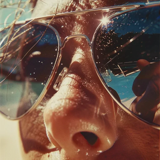 Close-up of a person wearing reflective sunglasses with sunlight glinting off the lenses, suitable for a trendy avatar or profile photo.