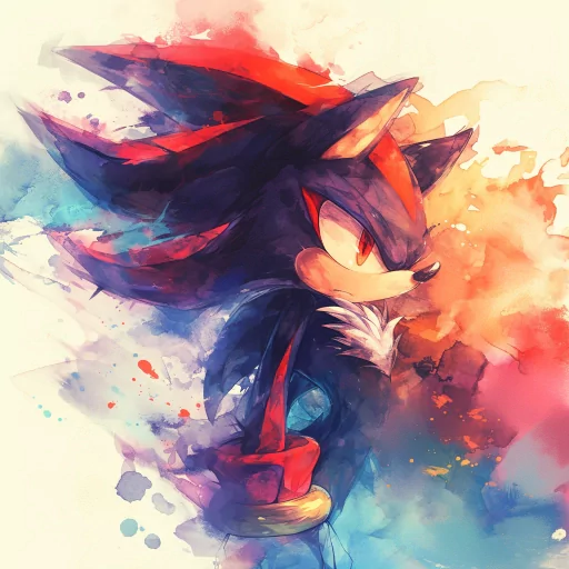 Colorful artistic avatar of Shadow the Hedgehog with a vibrant watercolor background for use as a profile picture or PFP.