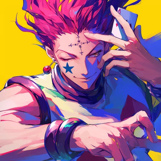 Colorful Hisoka avatar from Hunter x Hunter with a vibrant yellow background, highlighting the character's unique face tattoo and playful expression for a profile picture.