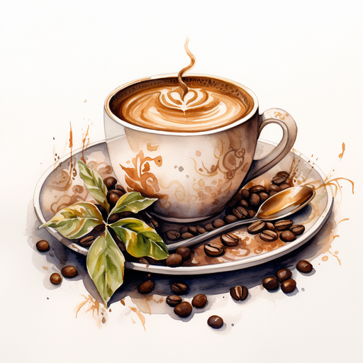 Coffee cup with watercolor-style design.