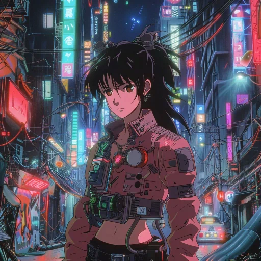 Cyberpunk-themed avatar with female character in a futuristic cityscape for profile picture.