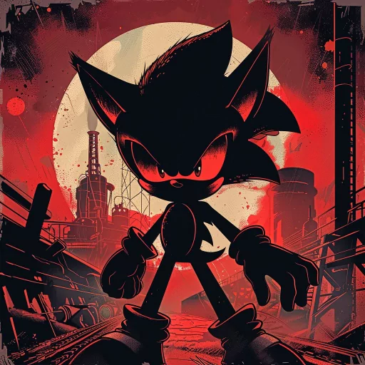 Stylized silhouette avatar of a popular animated hedgehog character standing confidently with an industrial cityscape background.