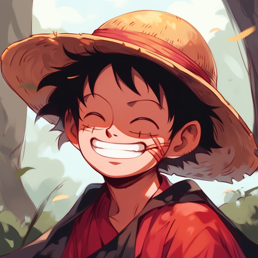 Portrait of Luffy, a character with a straw hat, wide smile, and determined expression.