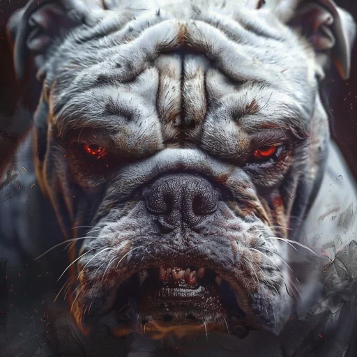 Intense avatar of an angry bulldog with glowing red eyes, suitable for use as a profile picture or pfp.