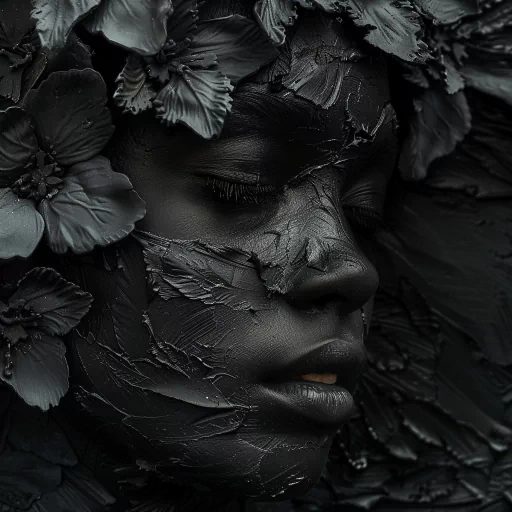 Artistic black profile picture featuring a serene face with floral textures.