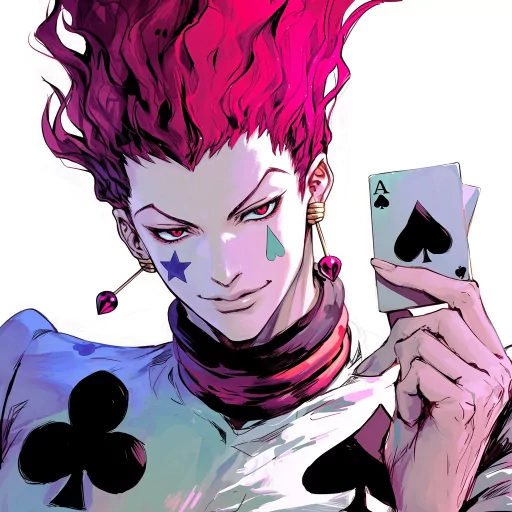 Illustration of Hisoka holding a playing card, with his distinctive red hair and face paint, for use as a profile avatar.