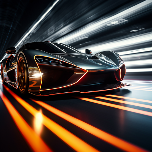 Closeup of a hypercar with vibrant light trails in an amoled style.